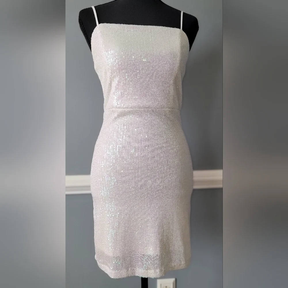 Iridescent White Sequin Spaghetti-Strap Mini Dress
